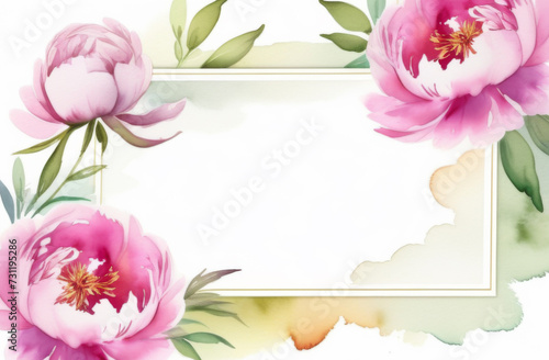 Pink peony flowers and frame for text on white background. © o1559kip