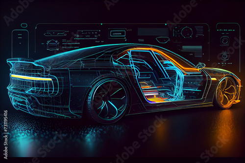 Smart car isometric hologram, in HUD style. Electric auto. Hologram car in low poly style, wireframe in line in the form of a starry sky or space. Smart auto. Virtual graphical interface HUD. photo