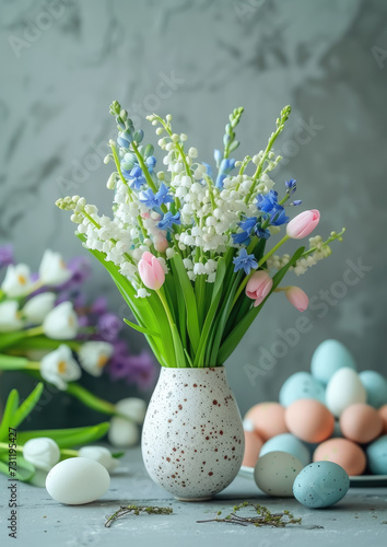 spring bouquet of lilies of the valley, forget-me-nots, hyacinths, muscari, daffodils, composition of Easter eggs, minimalism, studio, modern product photo, holiday, place for text, symbol, religious