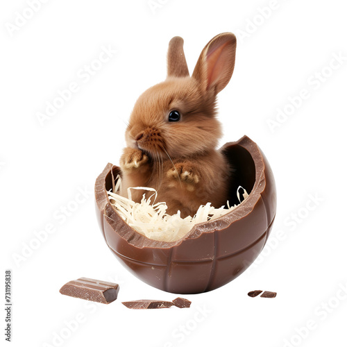 A cute Easter bunny hatching for a happy Easter from a chocolate Easter egg rabbit, Isolated on Transparent Background, PNG