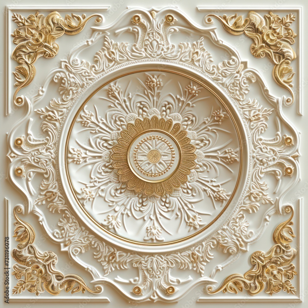 Victorian-style decorative frame background with white-golden 3D wallpaper for the ceiling, creating an elegant ambiance.