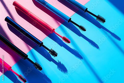 different mascaras are arranged in pink and blue colo photo