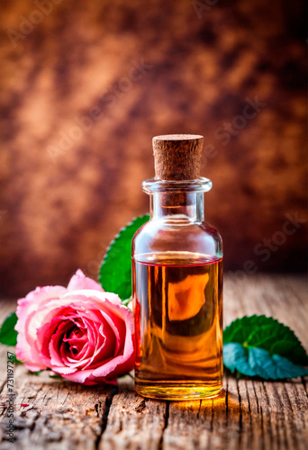 rose essential oil in a bottle. Selective focus.