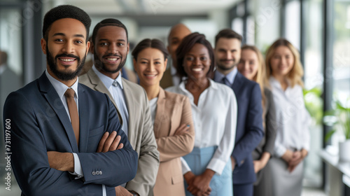 Successful multiethnic group of business smiling people standing as a team at modern office