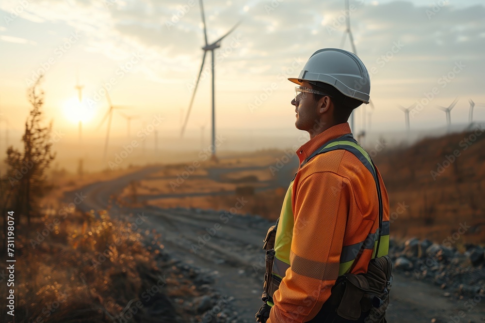 An engineer in safety gear observing wind turbines at sunset, symbolizing innovation and sustainability in energy.