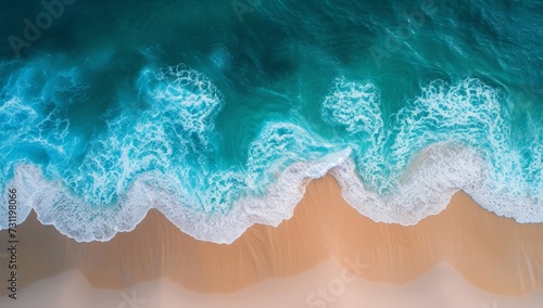 Aerial view of ocean waves hitting a sandy beach creating a calming scene, suitable for travel or environmental themes.