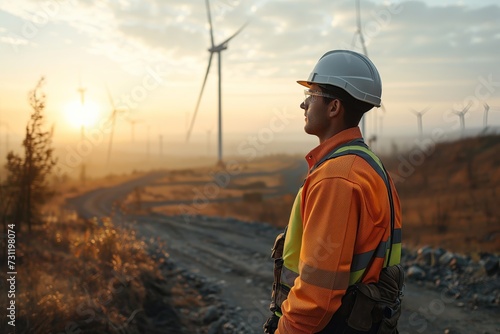 An engineer in safety gear observing wind turbines at sunset, symbolizing innovation and sustainability in energy.