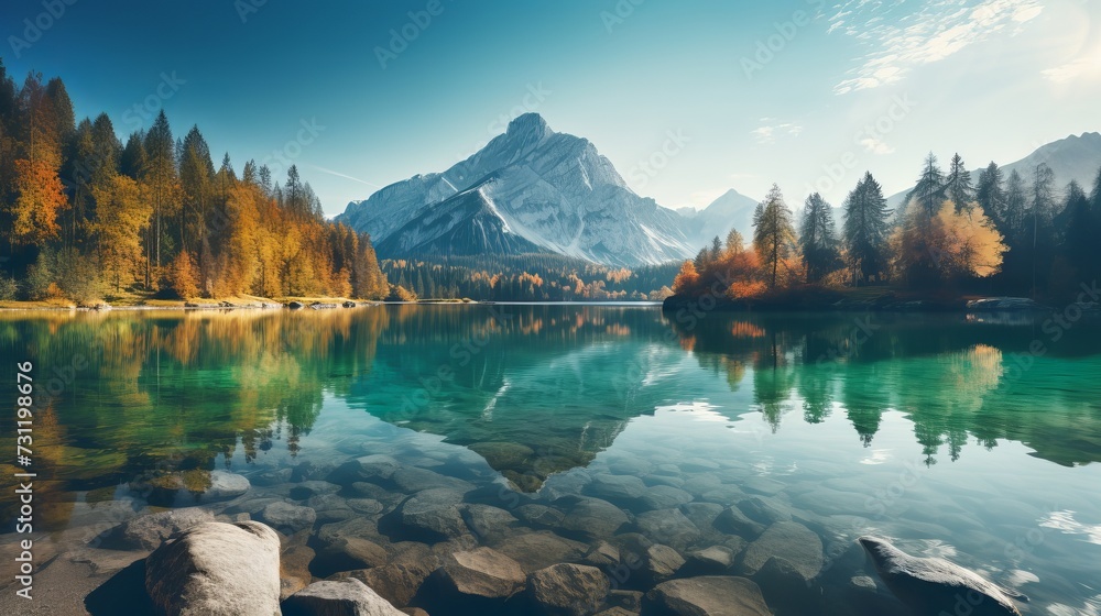 Beautiful autumn scene of Hintersee lake. Colorful morning view of Bavarian Alps on the Austrian border, Germany, Europe. Beauty of nature concept background