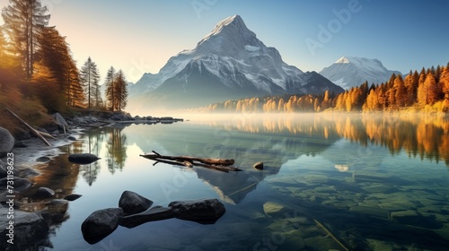 Beautiful autumn scene of Hintersee lake. Colorful morning view of Bavarian Alps on the Austrian border, Germany, Europe. Beauty of nature concept background photo
