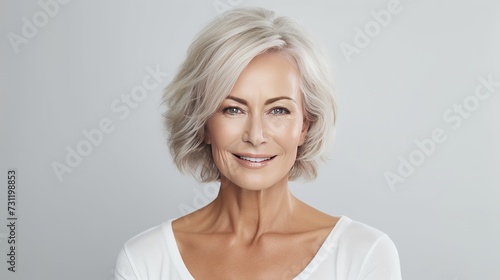 Beautiful gorgeous 50s mid aged mature woman looking at camera isolated on white. Mature old lady close up portrait. Healthy face skin care beauty  middle age skincare cosmetics 