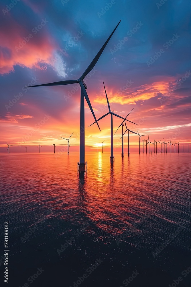 Offshore wind farm at beautiful dramatic sunset. A serene view of offshore turbines against a backdrop of the open sea.