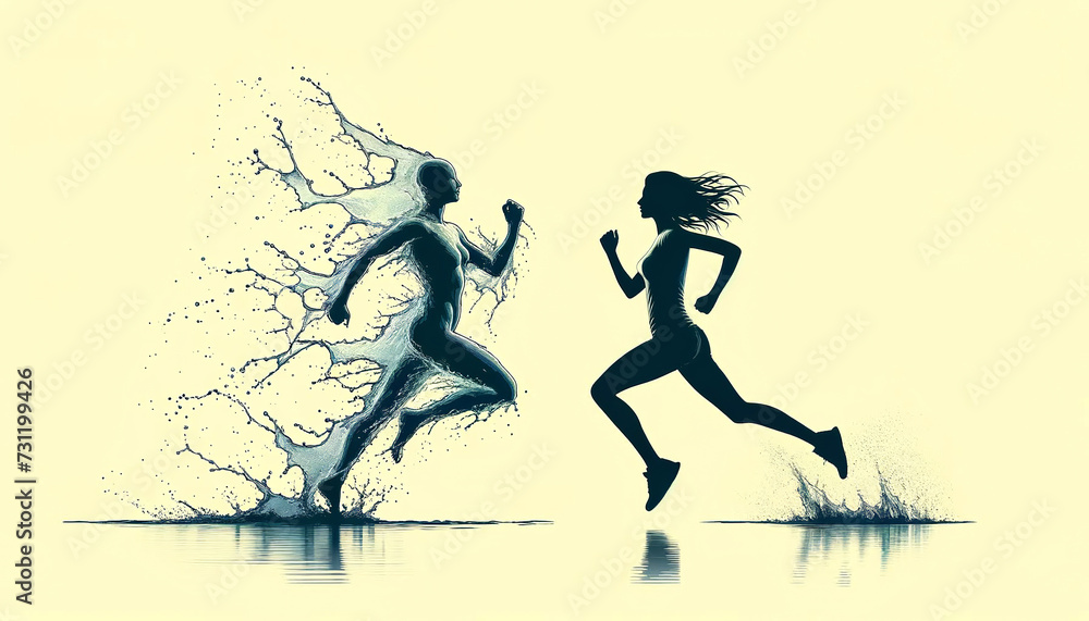 Silhouettes of a male and a female runner, depicted with dynamic water splash effects, symbolizing movement and energy against a neutral background.Sport concept. AI generated.