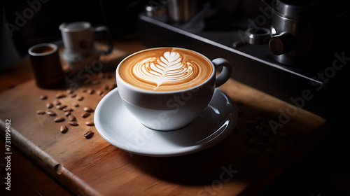 Cup of coffee with latte art with rosetta design photo
