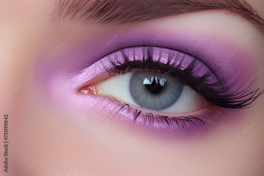 Close up of woman's eye makeup with pastel violet eyeshadow