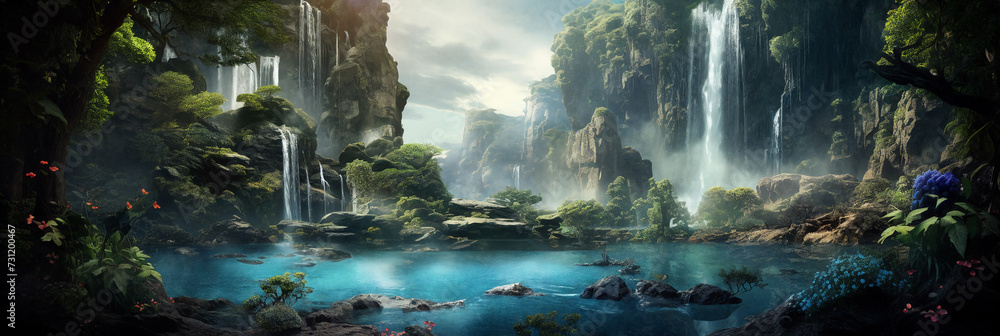 Fantasy landscape with waterfalls, panorama. Generative AI - obrazy, fototapety, plakaty 