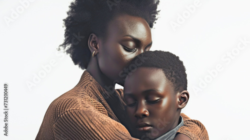 Black mother hugs her son tightly, their faces touching tenderly, sharing a sweet moment of connection, family relationships photo