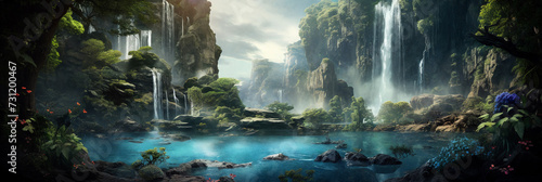 Fantasy landscape with waterfalls, panorama. Generative AI #731200467