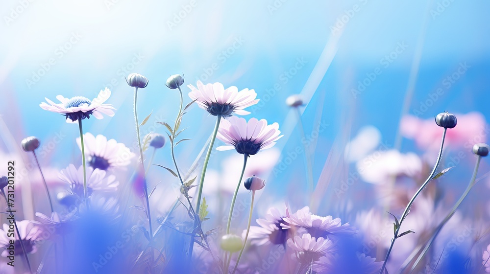 Beautiful wild flowers chamomile, purple wild peas, butterfly in morning haze in nature close-up macro. Landscape wide format, copy space, cool blue tones. Delightful pastoral airy artistic