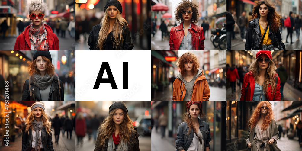Generative AI photo examples collage. Artificial intelligence photography sample set. Realistic fashion model portrait. City Lifestyle. Group of women showcasing various urban street style wear