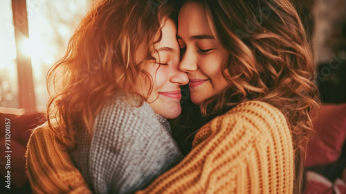 A touching moment of two women, sisters, hugging each other, conveying tenderness and comfort in a softly lit setting photo