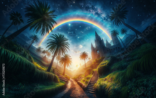  A fairy-tale castle with high towers surrounded by green palm trees. Mountains are visible in the background, and the sky is strewn with stars and misty clouds and a rainbow shines brightly