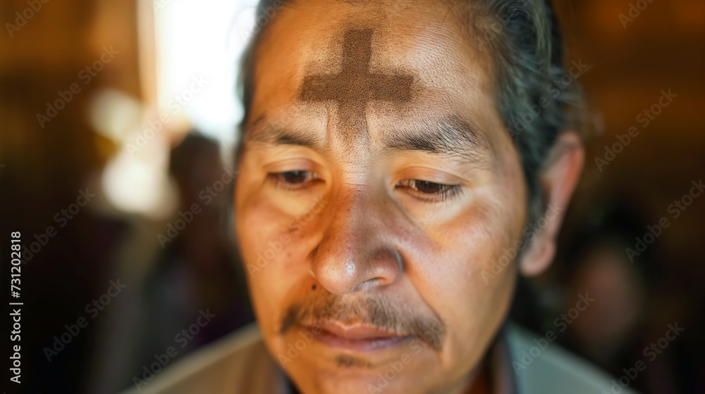 Elderly multiracial man with an ashen cross on her forehead. Ash wednesday Elderly multiracial man with an ashen cross on her forehead. Ash wednesday