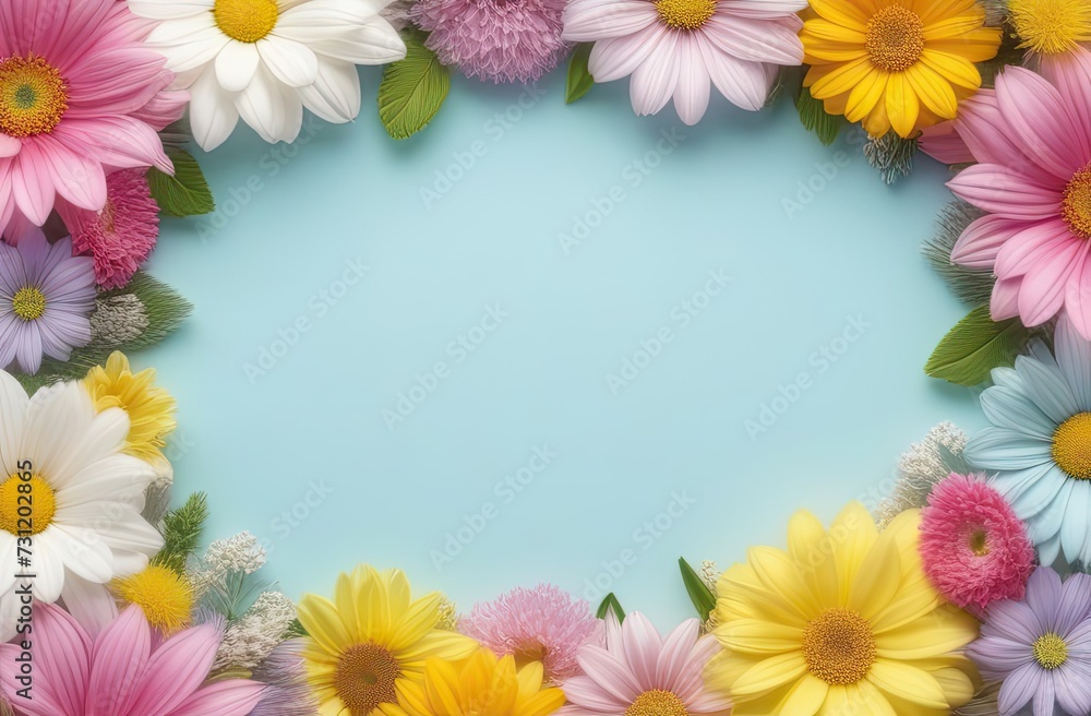 Fototapeta premium Pastel colors frame with free place for text made from lot of spring flowers. Greeting card for spring holidays. Template for Birthday, Women's Day, Mother's Day. Floral picture.