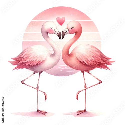 Loving Flamingo Pair Against Pink Sun Illustration