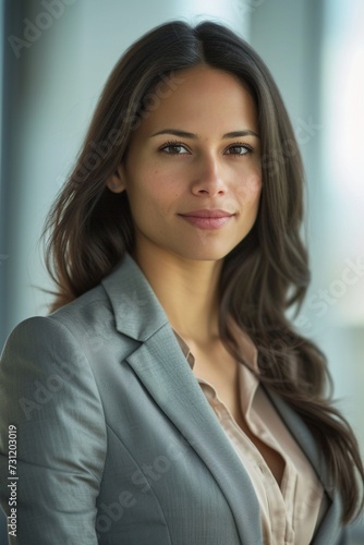 Radiate professionalism with a portrait of a confident middle-aged Latina, exuding confidence in her professional attire. With a trustworthy demeanor and an expert profile