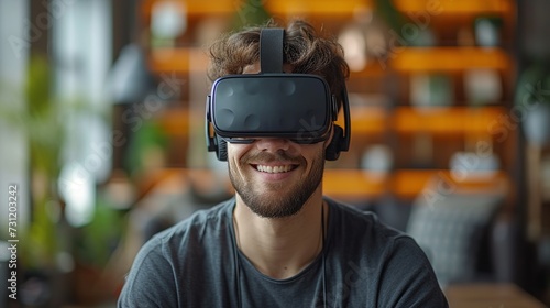 In an office or living room, a young man wearing VR goggles enjoys a virtual reality experience, showcasing the concept of modern technology aiding daily life.  Generative AI © DARIKA