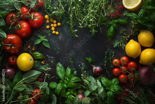 fresh fruits vegetables herbs and spices on dark tabl