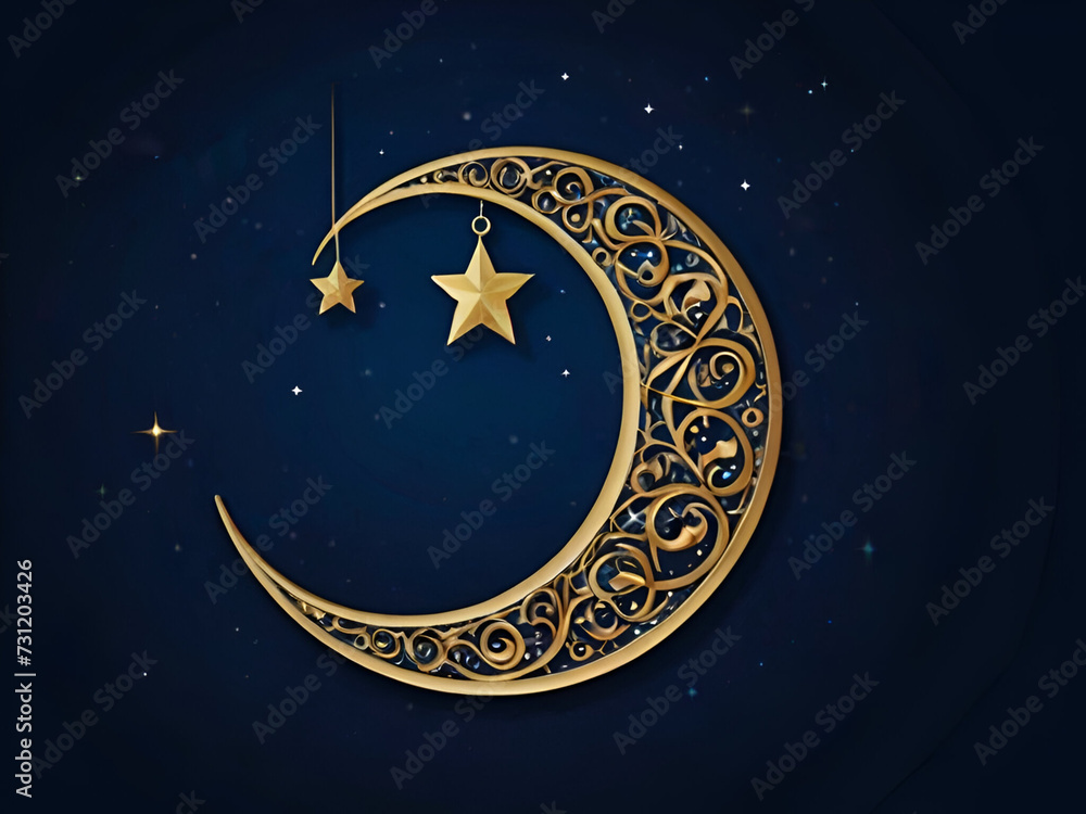 Fototapeta premium A crescent moon and a twinkling star against a deep blue backdrop, symbolizing the beginning of Ramadan.