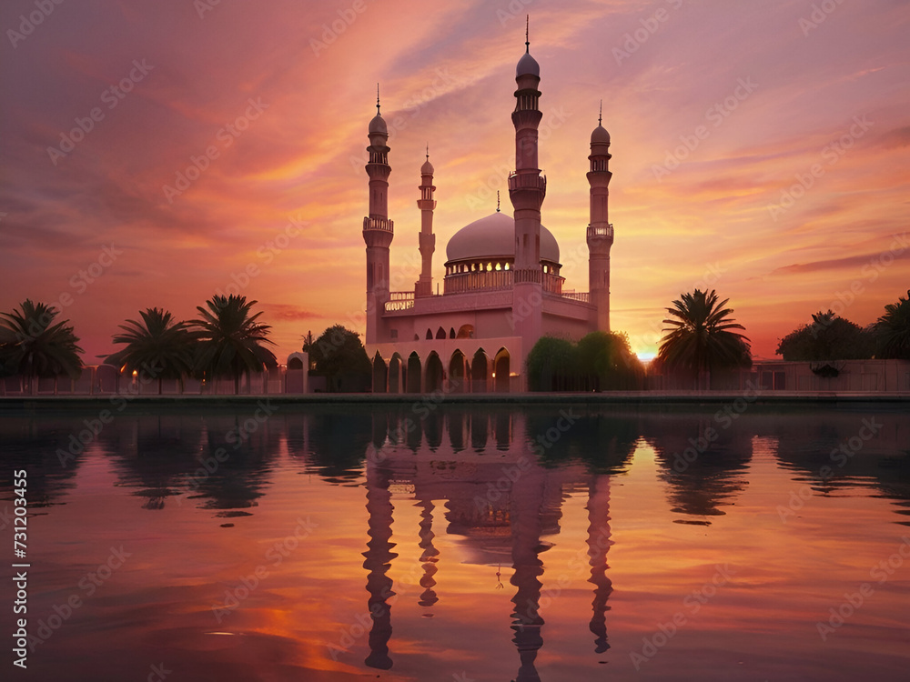A serene sunset over a mosque, with hues of orange and pink painting the sky.