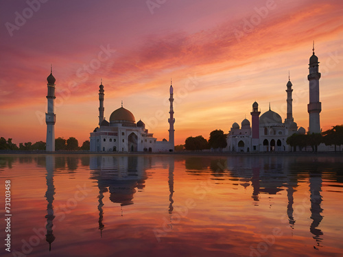 A serene sunset over a mosque  with hues of orange and pink painting the sky.