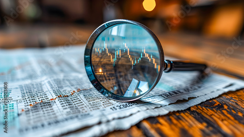 Close-up of a magnifying glass focusing on stock market data in a financial newspaper. 