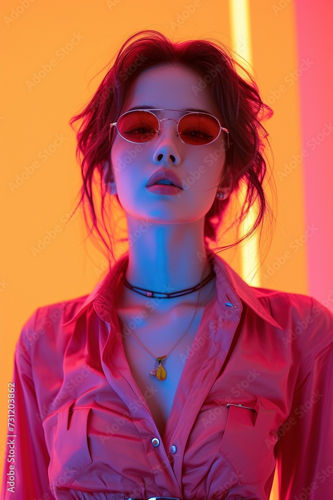 European model posing against a backdrop illuminated by vibrant red and blue neon lights. This mesmerizing synthwave-inspired photoshoot features a stunning supermodel woman showcasing an array of sty European model posing against a backdrop illuminated by vibrant red and blue neon lights. This mesmerizing synthwave-inspired photoshoot features a stunning supermodel woman showcasing an array of sty