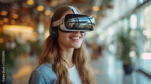 Amidst the hustle of a city street, a women immerses himself in a virtual reality experience using VR goggles, reflecting the role of modern technology in daily life. Generative AI