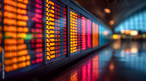 Stock market exchange information on digital boards in a corridor, glowing in ambient light. 