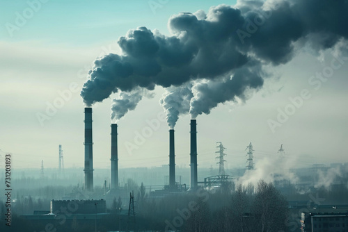 Industrial plant with smoking chimneys on a background of blue sky. Carbon trading & climate change concept