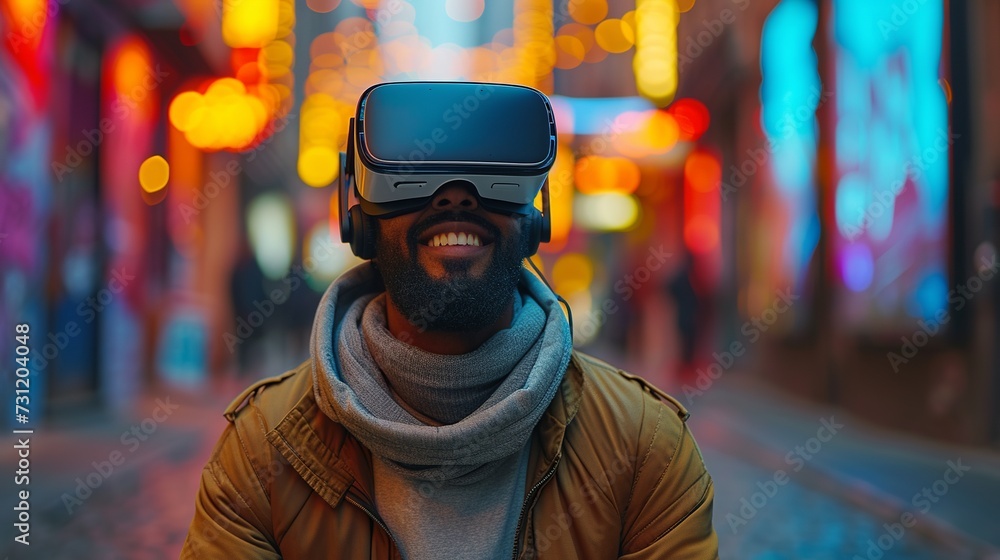 Amidst the hustle of a city street, a young man immerses himself in a virtual reality experience using VR goggles, reflecting the role of modern technology in daily life.