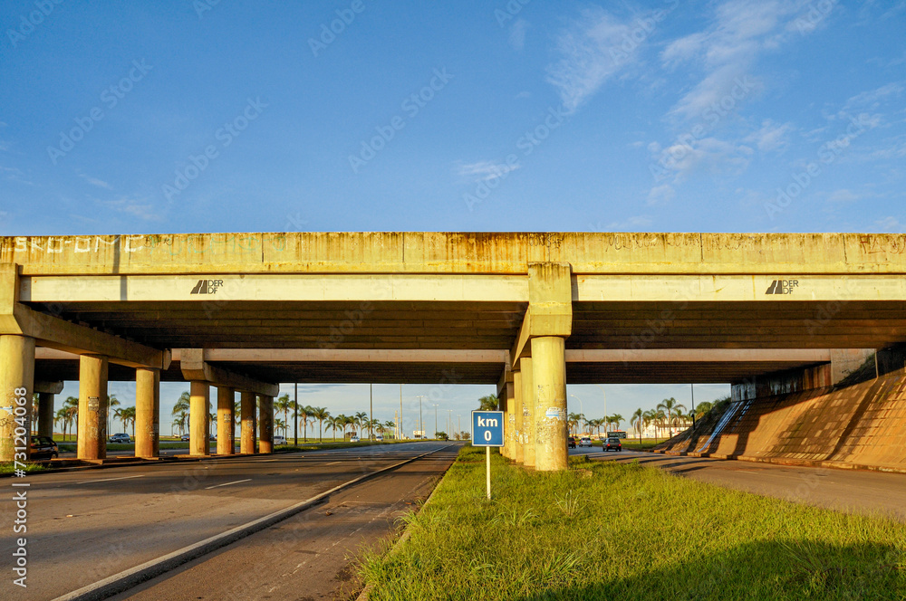 The Km 0 sign of BR-060 Highway, which connects Brasilia to Bela Vista cities, with an extension of 1329.3 km). The Km 0 is the place of departure from Brasilia. Feb 2016