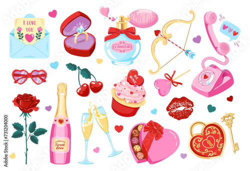 Valentine's day set of cute elements. Doodle sketches of romantic objects. Vector illustrations 