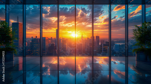 Sunrise illuminates the skyline viewed through the windows of a high-rise office, reflecting on the polished floor. 