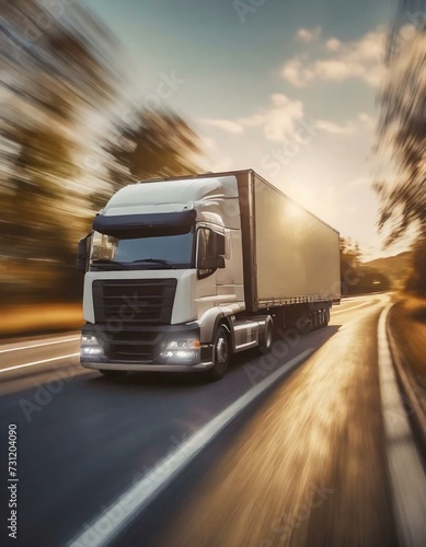 Consumer goods fulfillment delivery truck driving on city suburban road with motion blur photo