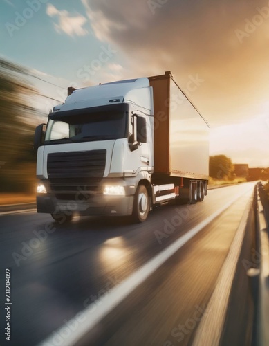 Consumer goods fulfillment delivery truck driving on city suburban road with motion blur