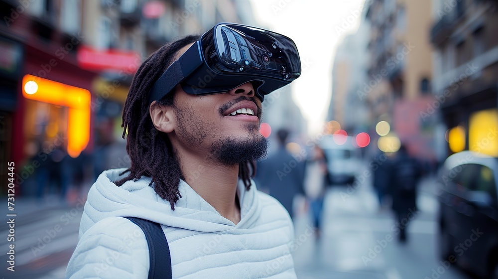 The concept of modern technology aiding daily life is illustrated by a young man wearing VR goggles and enjoying a virtual reality experience on a bustling city street. The concept of modern technology aiding daily life is illustrated by a young man wearing VR goggles and enjoying a virtual reality experience on a bustling city street.