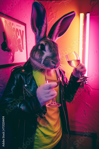 Fashion shot of easter rabbit wearing a leather jacket and enjoying nightlife.