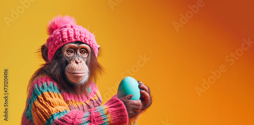 A cute monkey in a colorful sweater and a pink cap is holding an Easter Egg. Copy space.