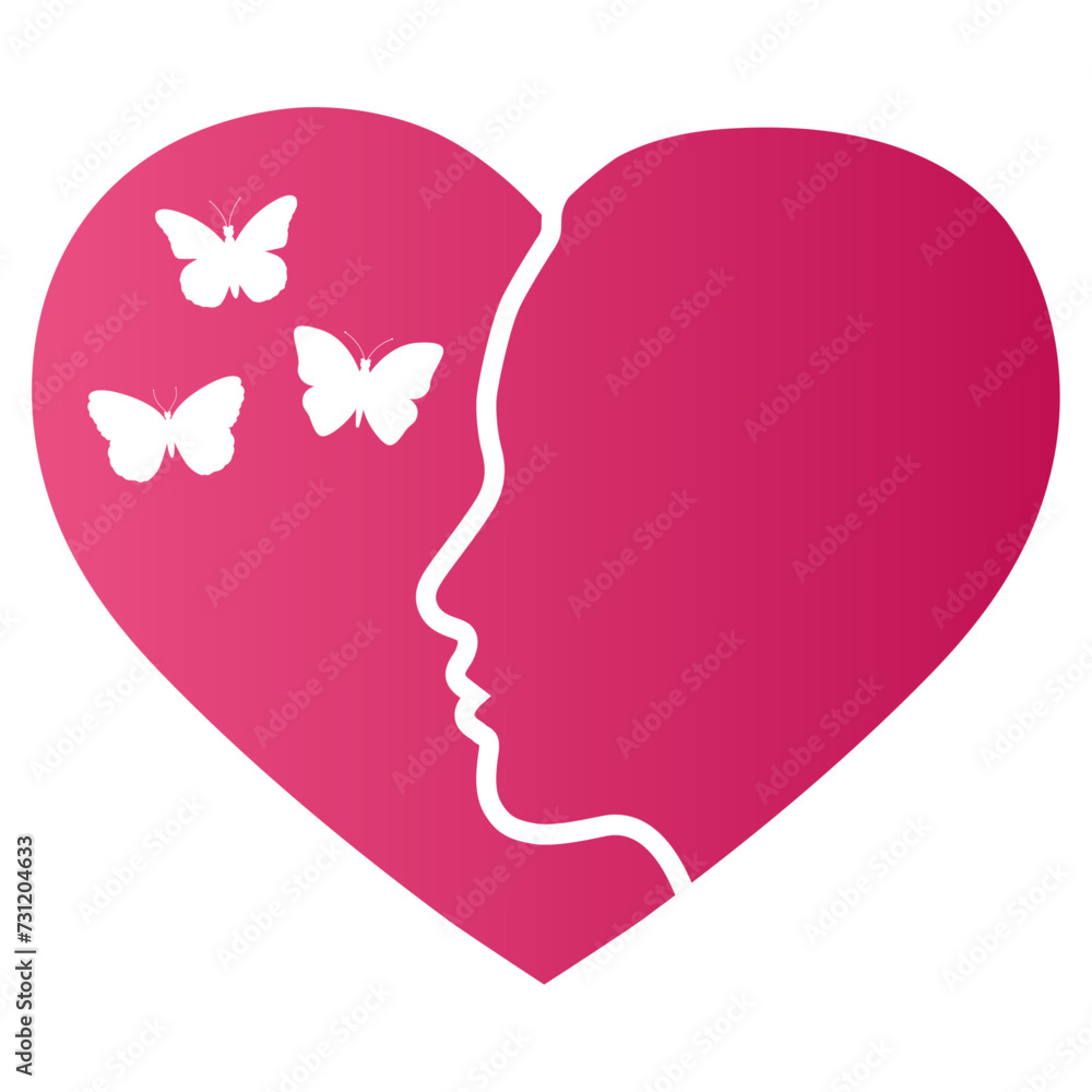 Illustration of silhouette of a female head with butterflies on a pink heart Illustration of silhouette of a female head with butterflies on a pink heart