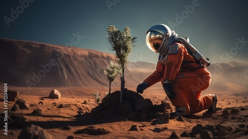 Astronaut Planting a Tree on Mars - A Vision of Future Space Exploration with Earth in the Distance photo